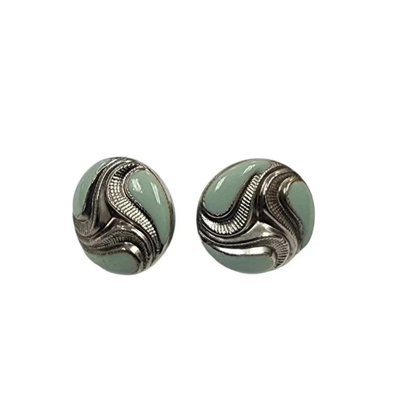 Vintage Jewelry - Vintage Spiral Green Enamel Stud Earrings Silver Tone